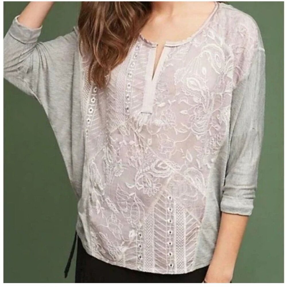Anthropologie x TINY Hazel Floral Pink Gray Sequin Embroidered Top